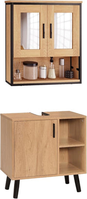 Set di Mobili da Bagno Salvaspazio, Armadietto Con Specchio, Mobiletto Sottolavabo da Terra, Rovere Chiaro+Nero