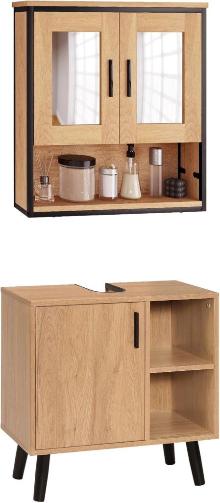 Set di Mobili da Bagno Salvaspazio, Armadietto Con Specchio, Mobiletto Sottolavabo da Terra, Rovere Chiaro+Nero