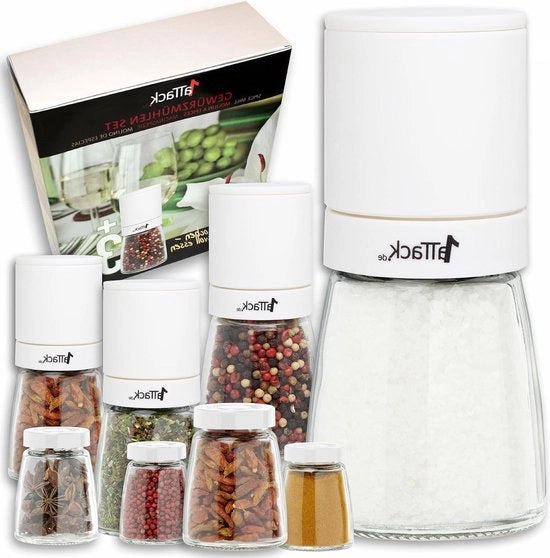 Set di macinacipolle per pepe e sale con 4 molini in ceramica regolabili per chili - 8 pezzi - 4 molini e 4 bicchieri - senza spezie - 140ml bianco.