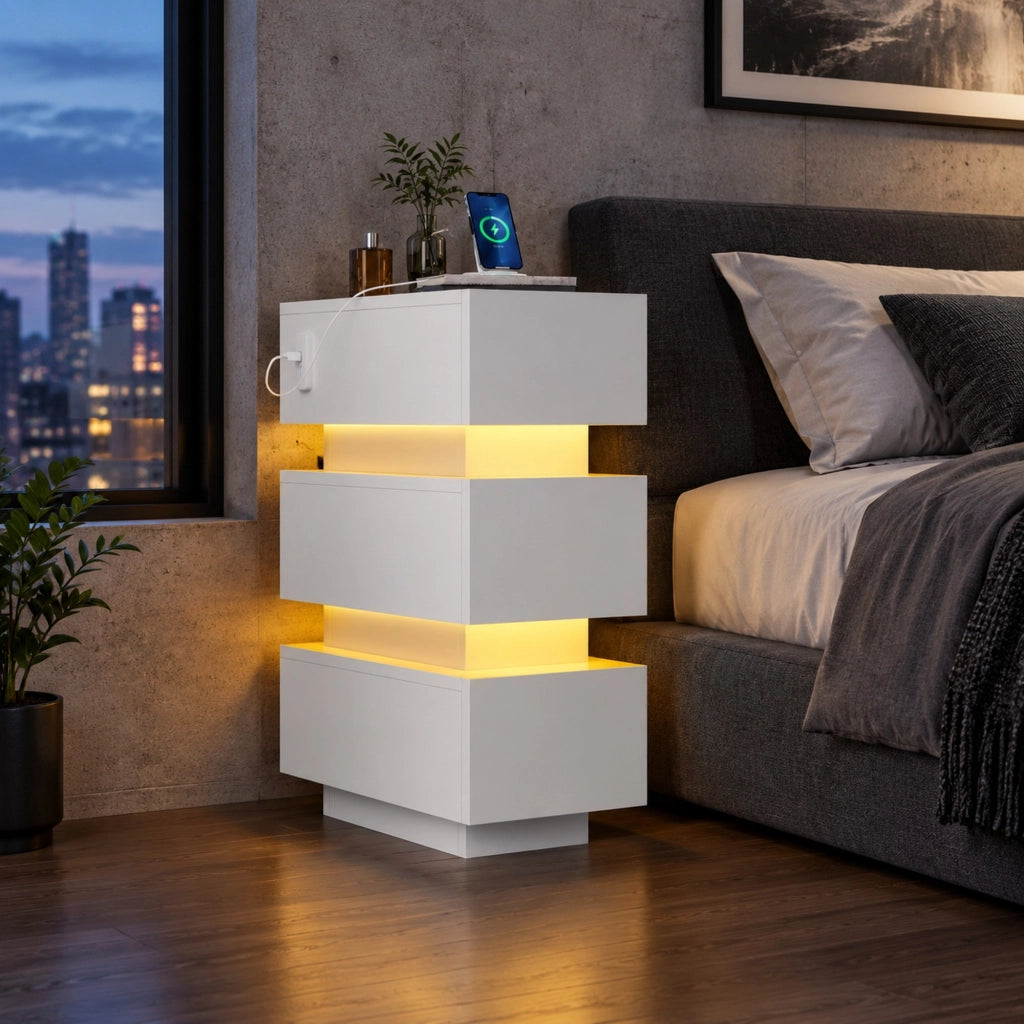 Desviae Comodini stretti set da 2 con 3 cassetti e ricarica integrata USB e Type-C luci LED bianchi 20 × 40 × 59,5 cm