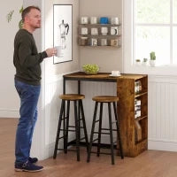 Set da Pranzo con Bancone Bar con 3 Ripiani e 2 Sgabelli Alti con Poggiapiedi Stile Industriale, Marrone