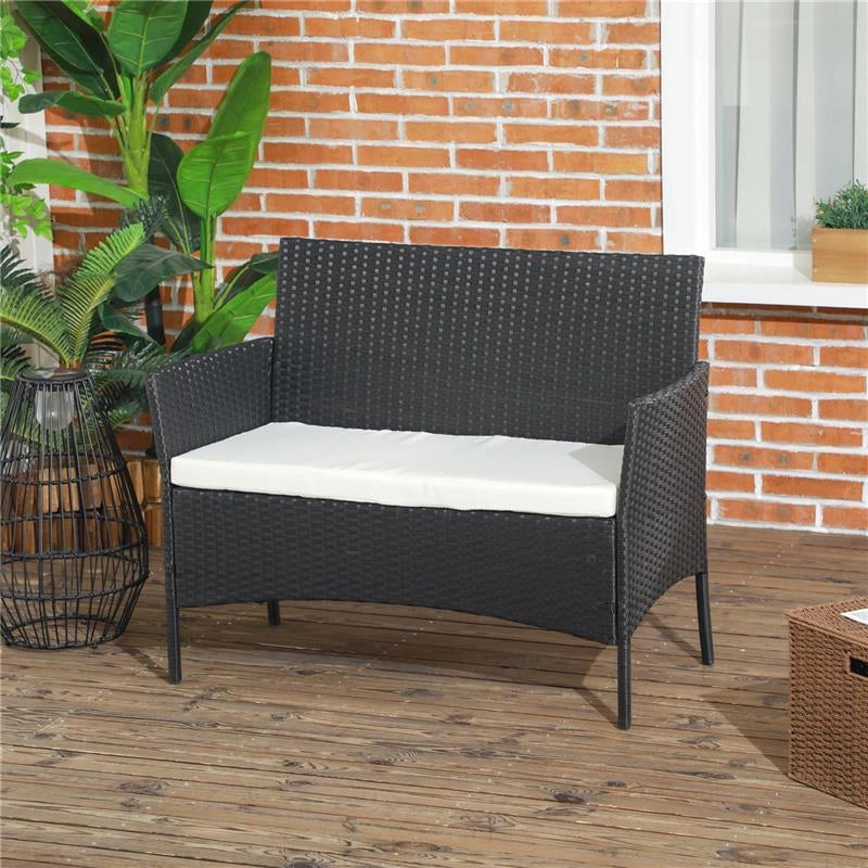 DIVANO DA GIARDINO A 2 POSTI CON CUSCINO E BRACCIOLI IN RATTAN PE E ACCIAIO, 100X54X80CM, NERO