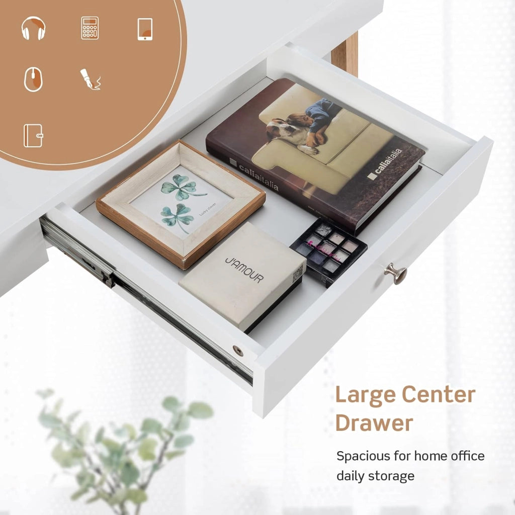 Scrivania da Ufficio con 1 Cassetto, Ampio Piano d'appoggio, Gambe Robuste con 2 Barre Trasversali, Ideale per Studio e l'Ufficio, Peso Massimo 54,4 kg, 106,5 x 50 x 75,5 cm