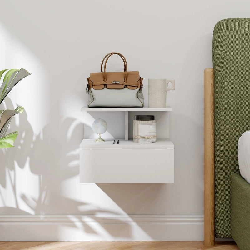 Comodino sospeso con 1 cassetto e 1 vano aperto per camera da letto, in legno, bianco, 39,8 × 35 × 31,6 cm