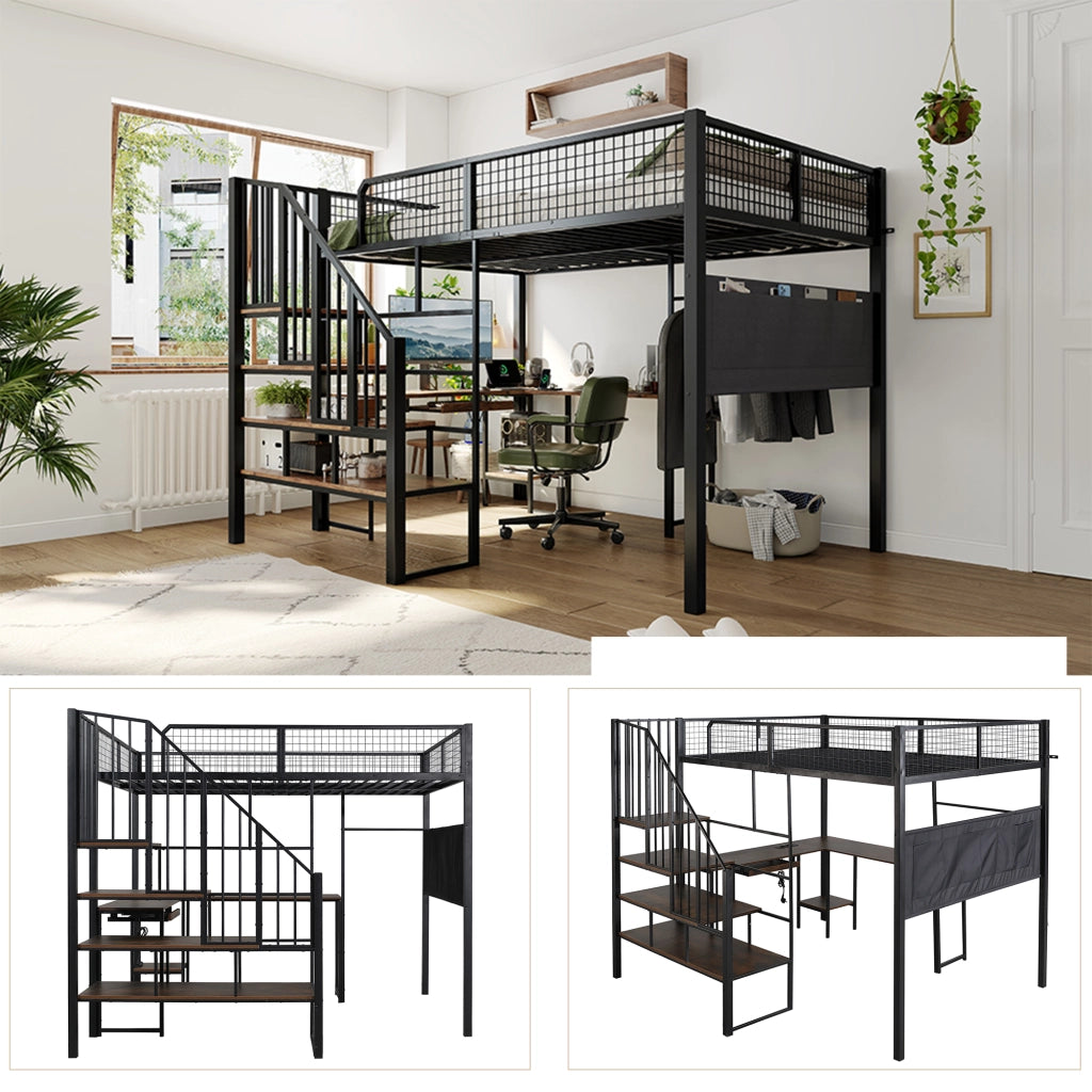 letto alto in metallo e legno nero 140 x 200 cm