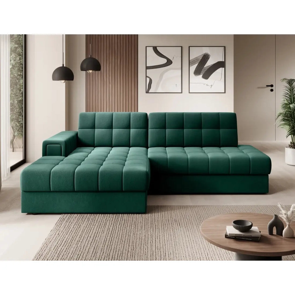 Divano angolare convertibile CUBITO verde 240 cm con contenitore e letto