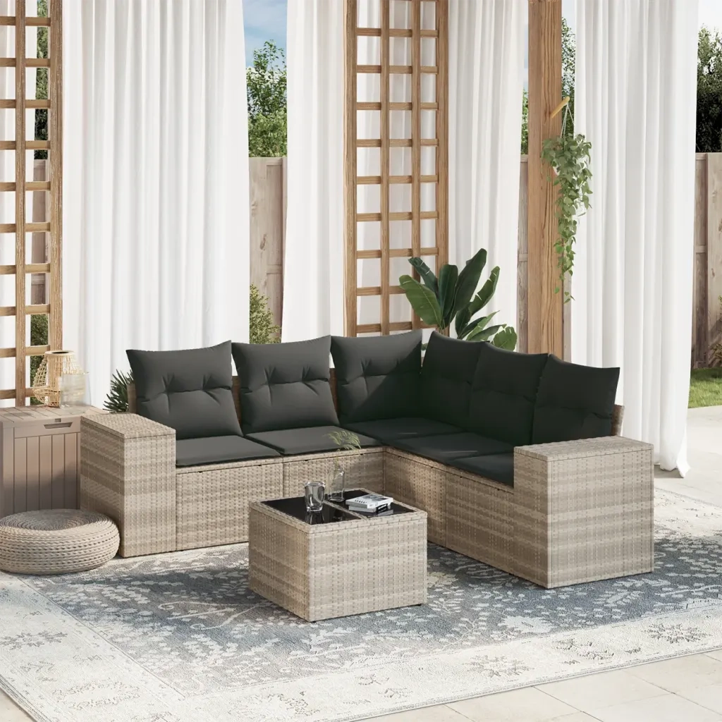Set Divano da Giardino 6pz con Cuscini Grigio Chiaro Polyrattan