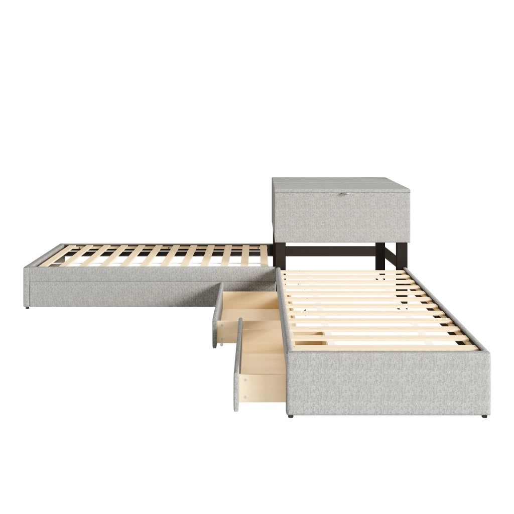 Letto angolare con letto estraibile, letto imbottito con contenitore, lino grigio, 90x200 cm, senza materasso