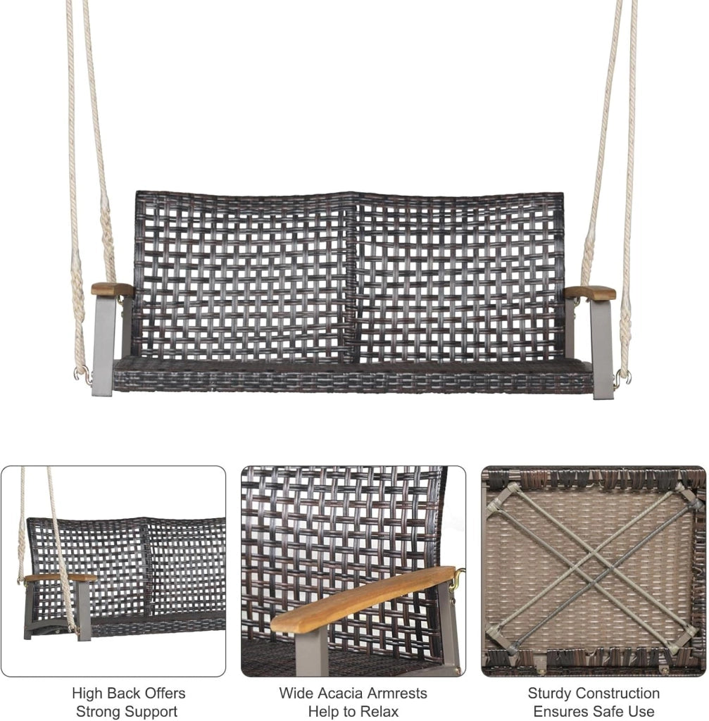 Panca sospesa in rattan per 2 persone, altalena da giardino sospesa, sedia a dondolo con ringhiera in legno di acacia, dondolo Hollywood fino a 360 kg, per balcone, giardino, terrazza