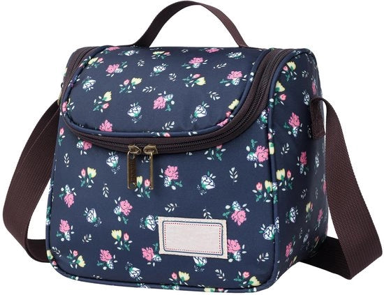 Tas Isolante per Picnic Grande, Riscaldabile e Freddo, con Modello di Fiori e Cinturino Regolabile (6L, Blu Scuro)