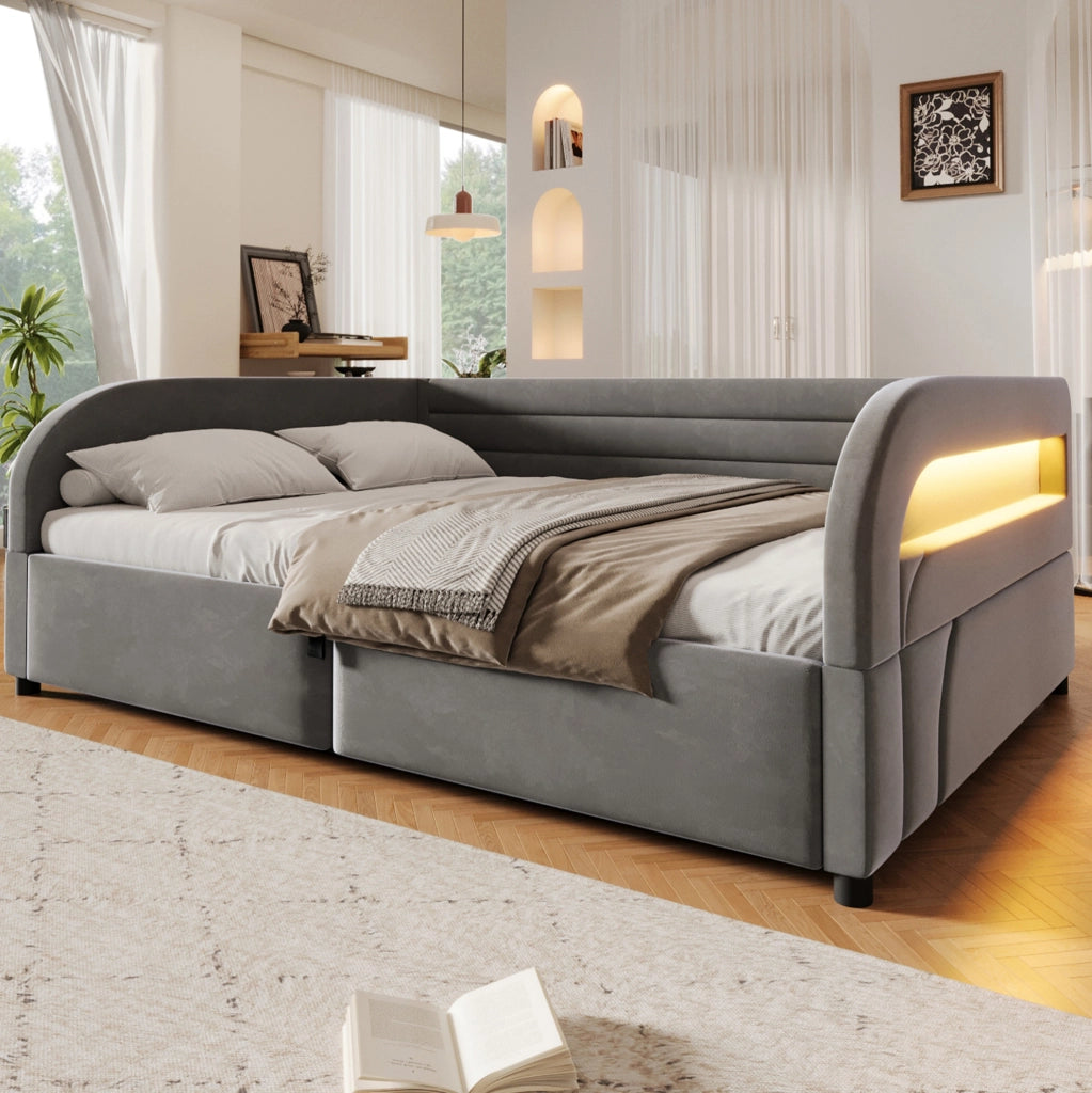 Letto imbottito 140x200 cm con contenitore idraulico e LED