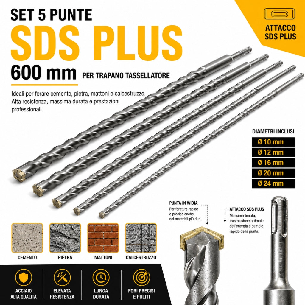 5 Punte SDS Plus 600 mm 10 12 16 20 24 mm per Cemento e Pietra