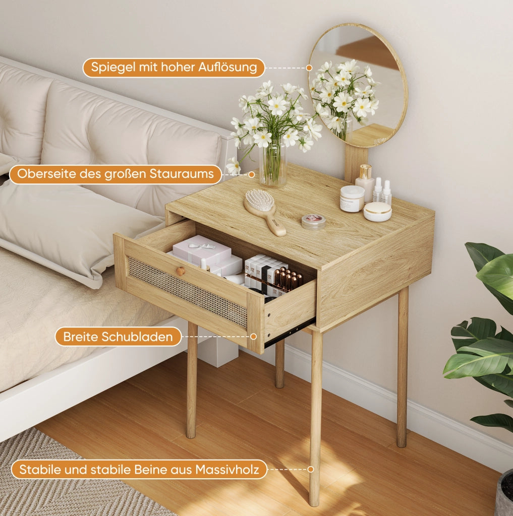 Toeletta da trucco in stile boho con specchio rotondo e cassetti; finitura rovere