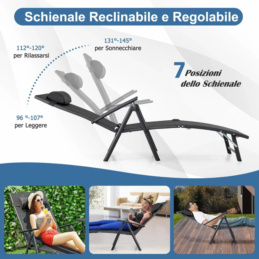 Lettino Prendisole Pieghevole, Schienale Regolabile in 7 Posizioni, Sdraio da Giardino in Textilene con Braccioli, Poggiatesta, Capacità di 150 kg, 142 x 61 x 103 cm (nero)