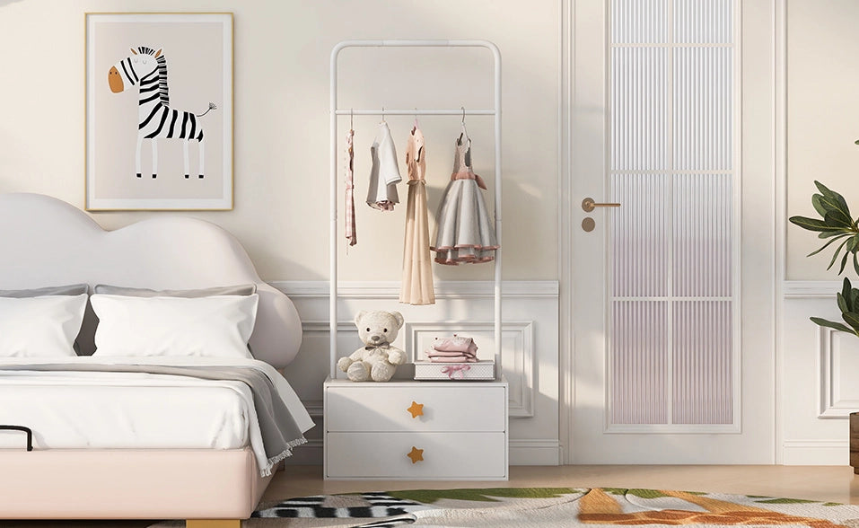 Stand appendiabiti per bambini ULEVR 70x55x168 cm con barra appendiabiti e 2 cassetti, bianco in MDF