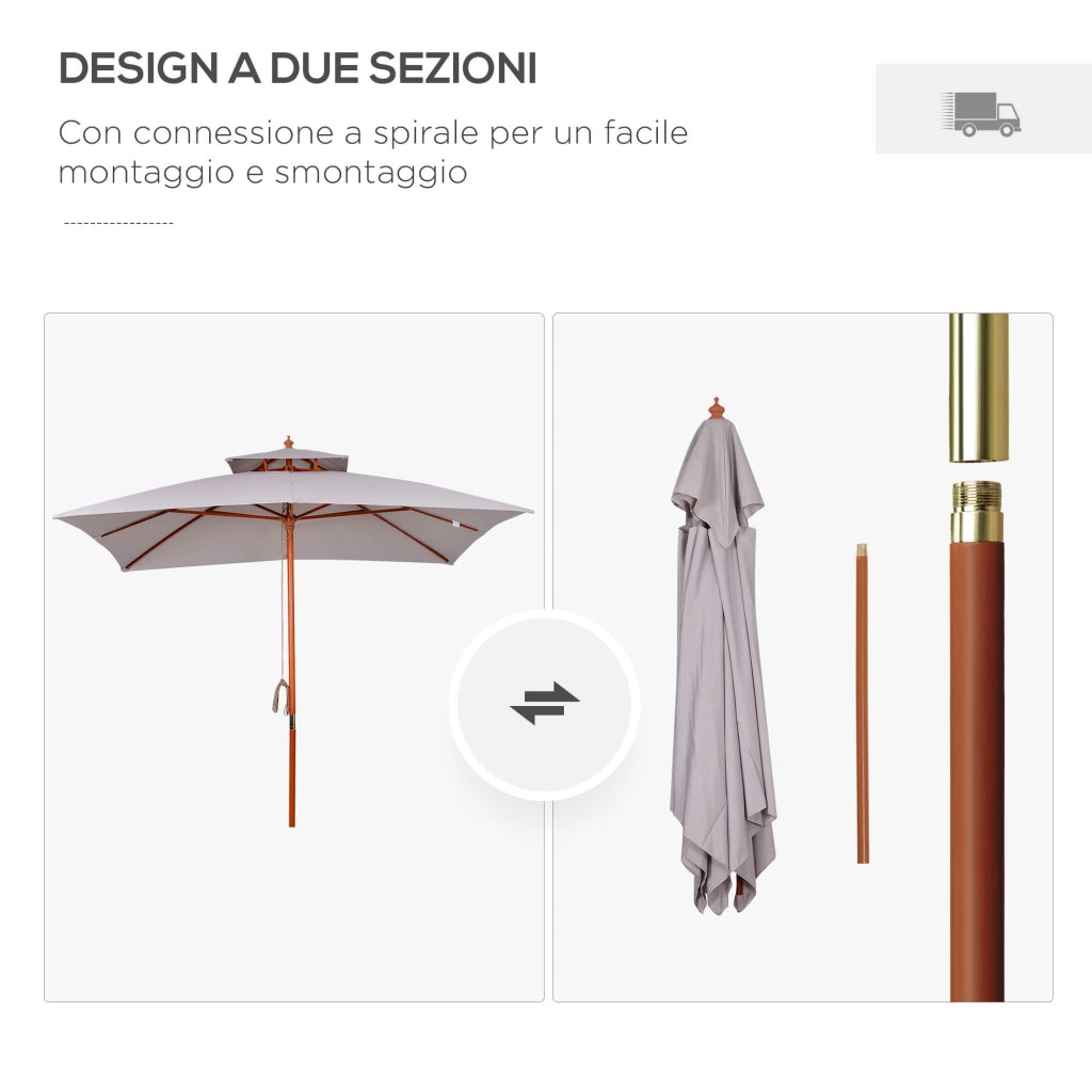 Ombrellone da Giardino 300x300x297H cm con 8 Stecche e Copertura Parasole a 2 Livelli in Bambù Grigio
