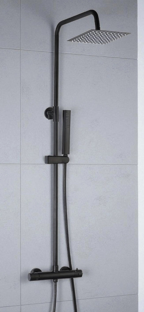 Colonna doccia nera con rubinetto termostatico | Soffione a pioggia quadrato, doccetta, flessibile antitorsione, altezza