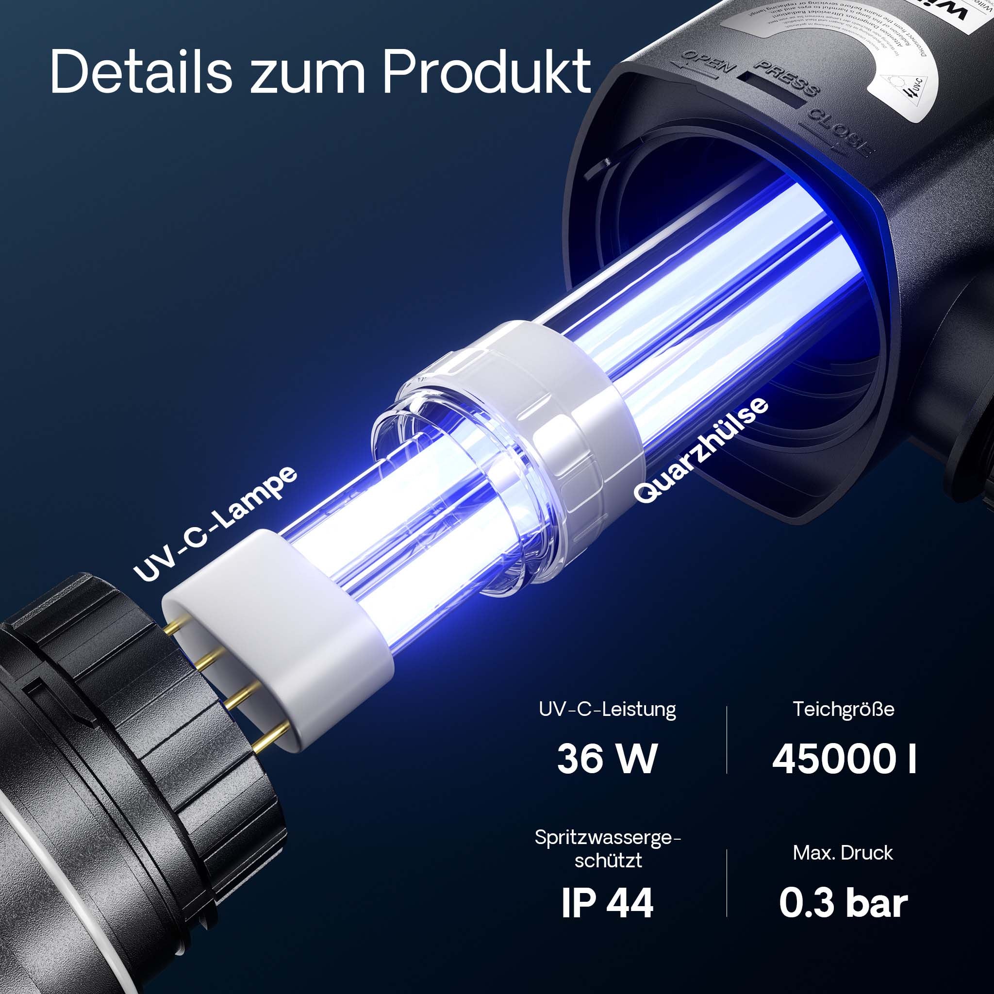 CUV-236 Chiarificatore UVC per laghetto 6000 l/h, Sterilizzatore con lampada 36W