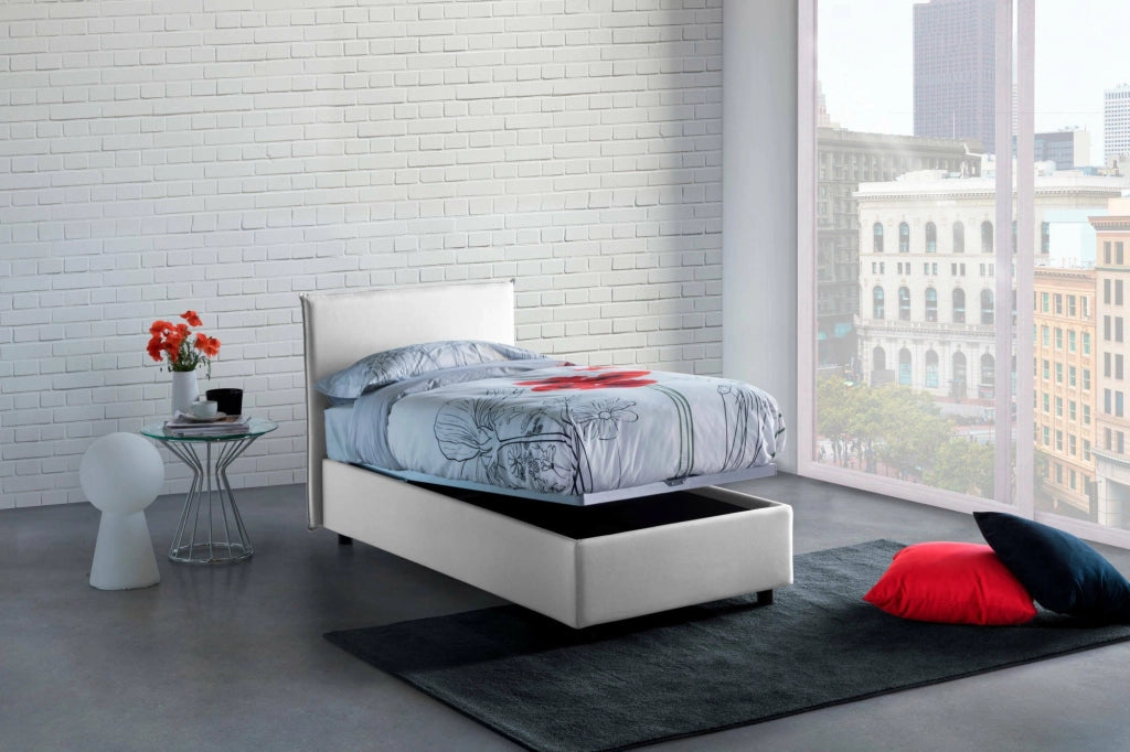 Letto singolo Argentino, Letto contenitore con rivestimento in tessuto, Made in Italy, Apertura frontale, adatto per materasso cm 80x190, Bianco