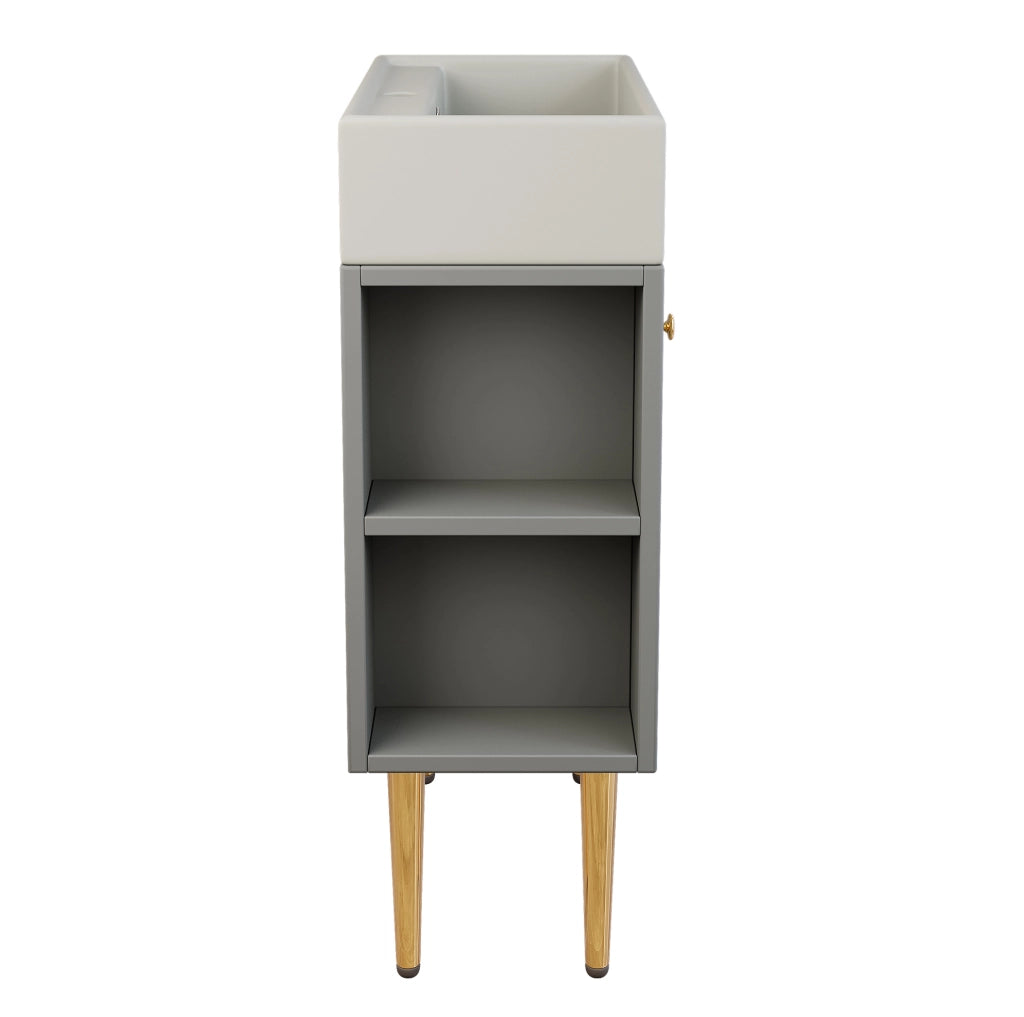 Mobile bagno freestanding ULEVR con lavabo integrato, vano contenitore e ripiani laterali, grigio e bianco