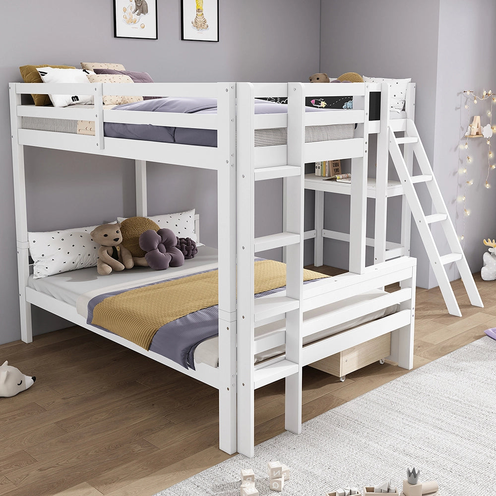 Letto a castello 140x200 e 90x200 - Xylo - 3 posti, cassetti, scrivania, scaffale, bianco