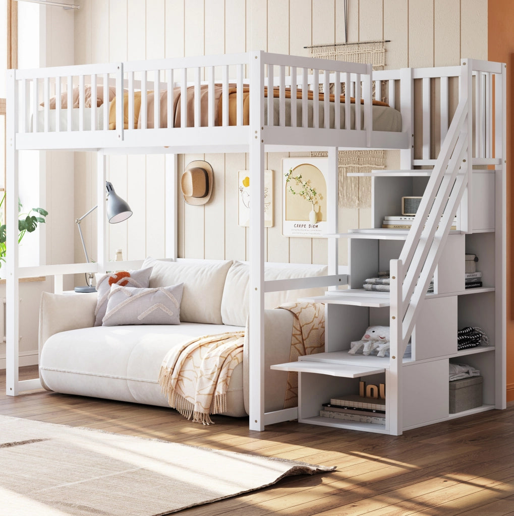 Letto a soppalco 140x200 cm con scala contenitore e struttura in legno