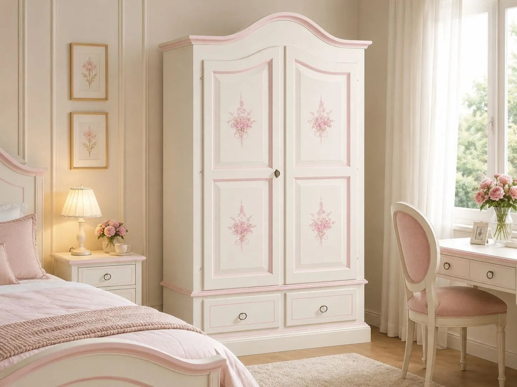 Armadio in legno shabby bianco con decori rosa 122x60x200 (1320) - Mobili 2G