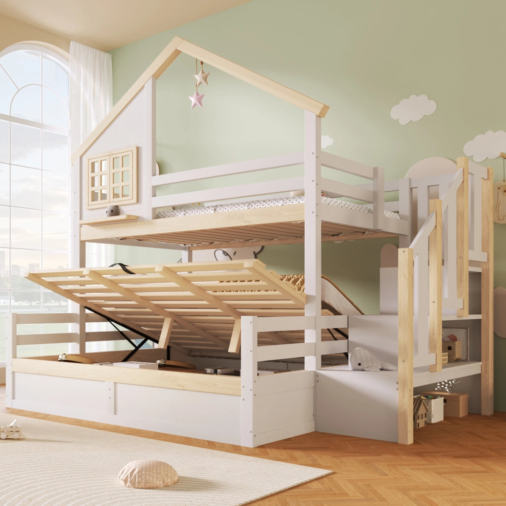 Letto a castello con contenitore idraulico 90x200/140x200 cm; bianco e naturale