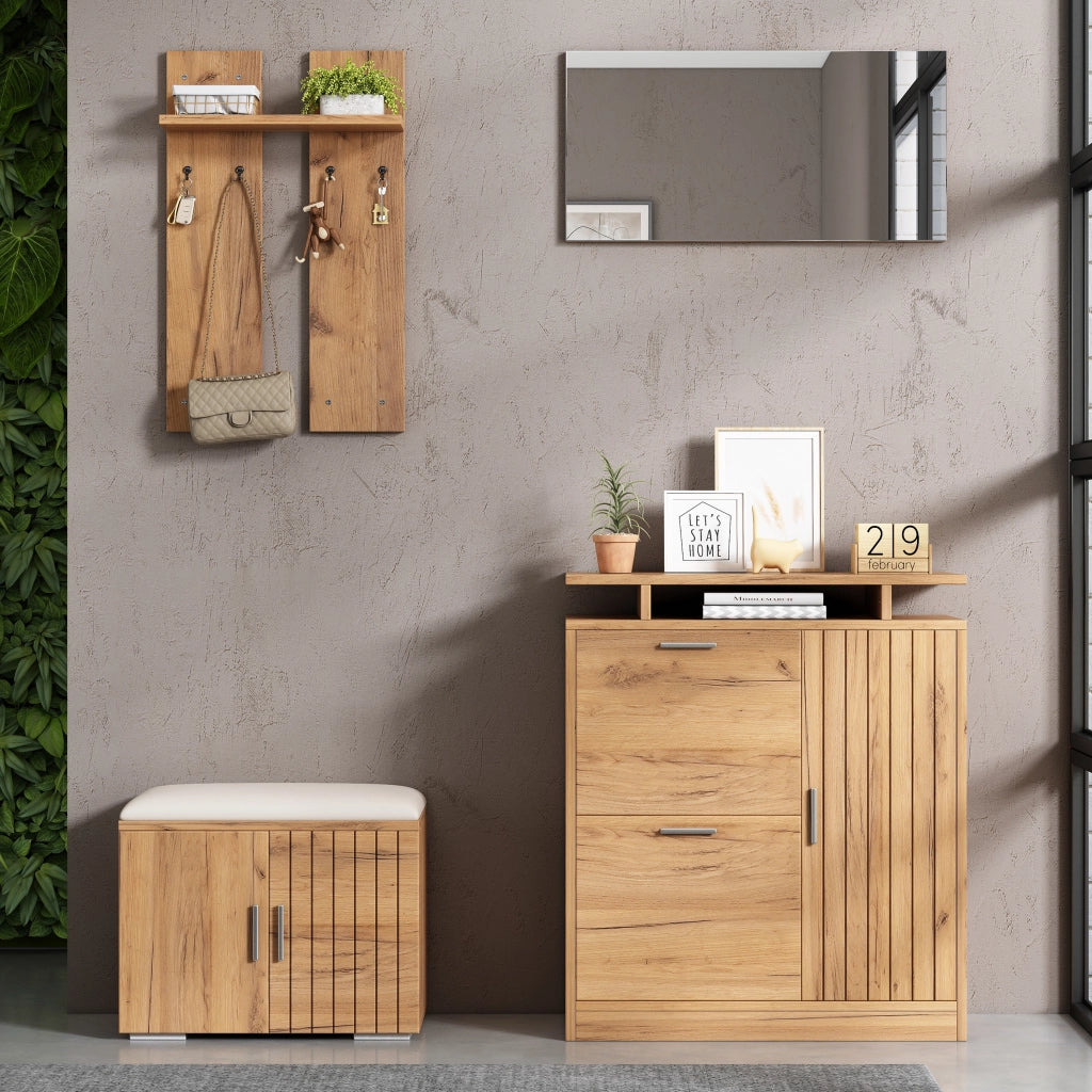 Set guardaroba da ingresso con panca, scarpiera, specchio e 4 ganci, finitura naturale, 140¡Á35¡Á133 cm