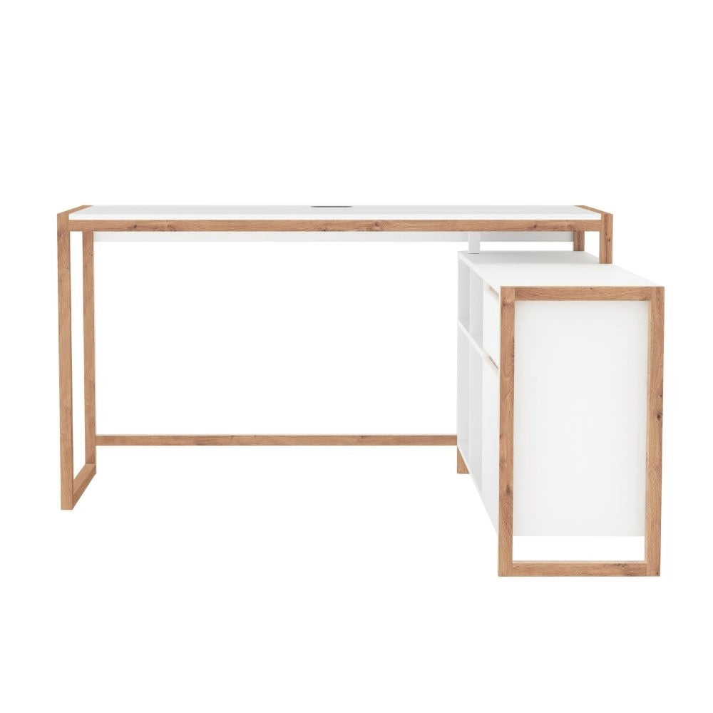Scrivania angolare New Denver37A reversibile con 1 cassetto 1 anta e 4 ripiani in bianco e rovere