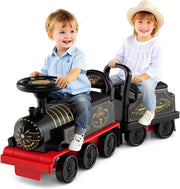 Trenino Elettrico con Vagone, 6V Giocattolo Elettrico a Batteria con Contenitore, Poggiapiedi Estraibili, Musica e Luci LED, Auto Elettrica per Bambini 18+ Mesi