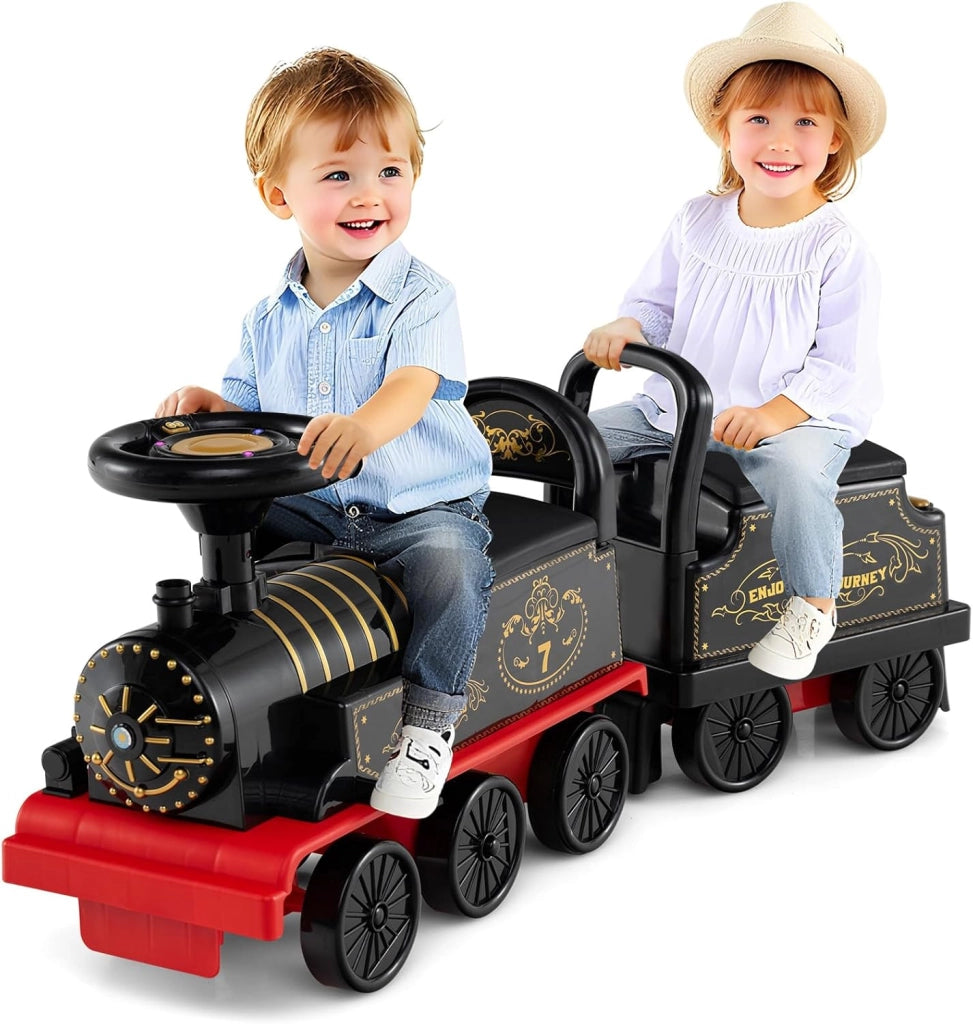 Trenino Elettrico con Vagone, 6V Giocattolo Elettrico a Batteria con Contenitore, Poggiapiedi Estraibili, Musica e Luci LED, Auto Elettrica per Bambini 18+ Mesi