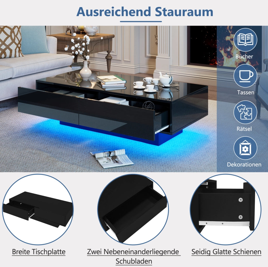 Tavolino da salotto nero lucido 115x55x34 cm con 2 cassetti e LED