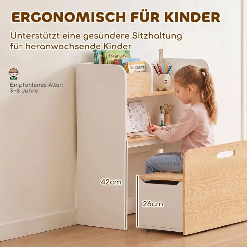 TAVOLO bambini 5 in 1 con libreria e panca rollabile bianco