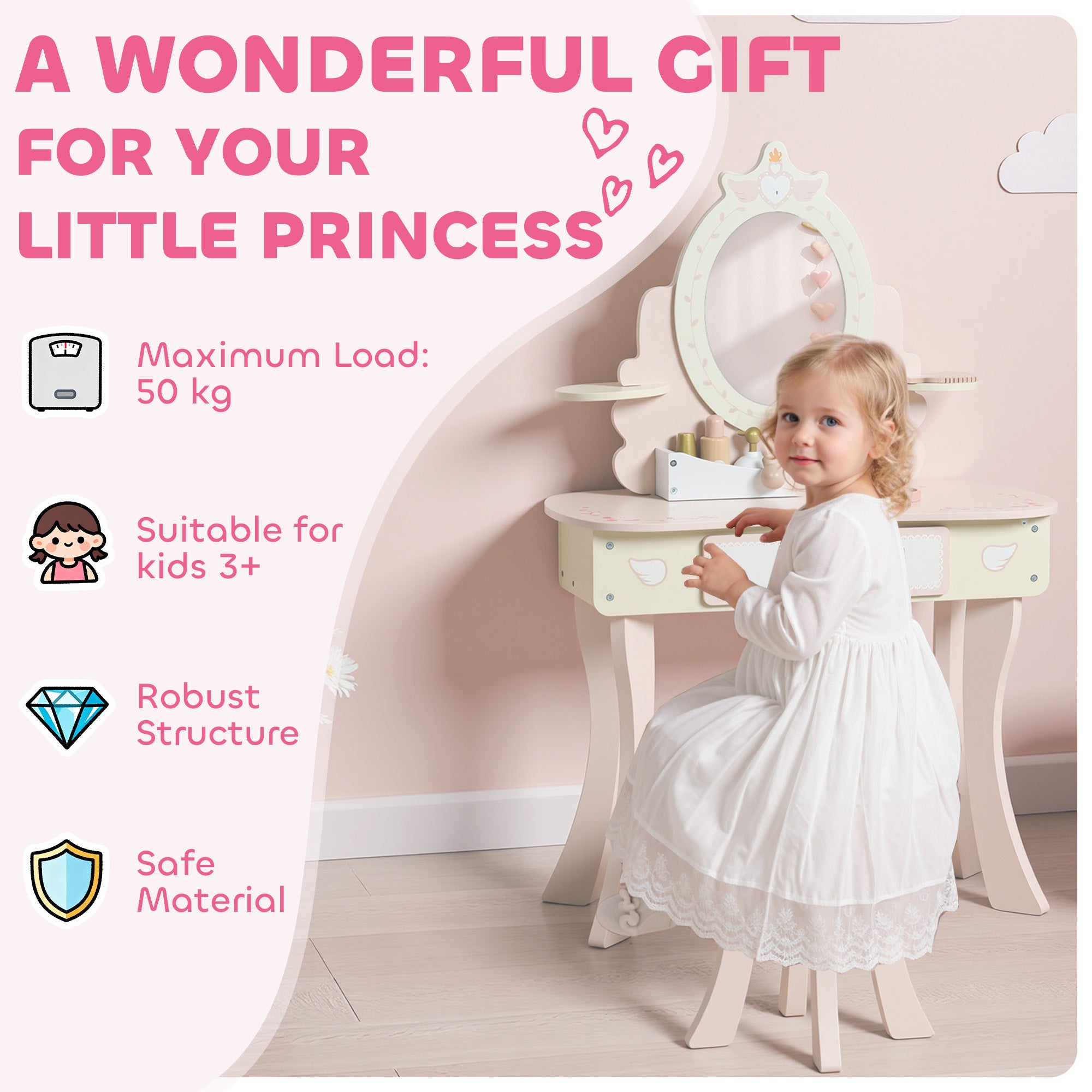 Set Toeletta per Bambine con Specchio e Sgabello con 7 Accessori in Legno Rosa