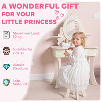 Set Toeletta per Bambine con Specchio e Sgabello con 7 Accessori in Legno Rosa