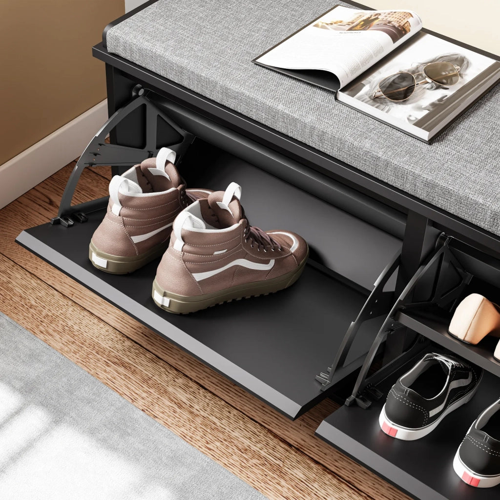 SoBuy Panca Scarpiera da Ingresso - Scarpiera Salvaspazio Slim in Legno, Panca Contenitore per 8-10 Paia di Scarpe, 158kg di Carico, Nero, 100x26x46cm, FSR98-XL-SCH