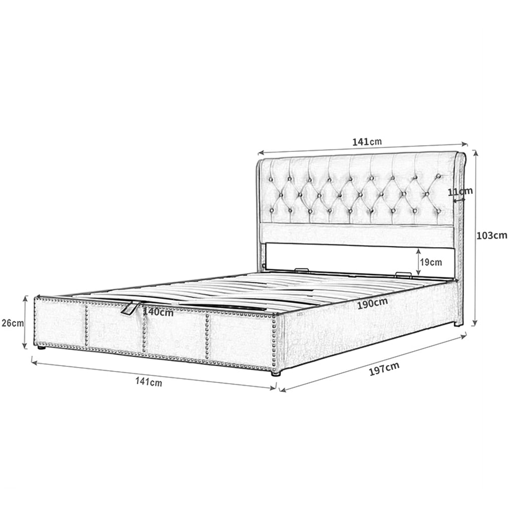 Letto contenitore imbottito in velluto grigio 140x190 cm