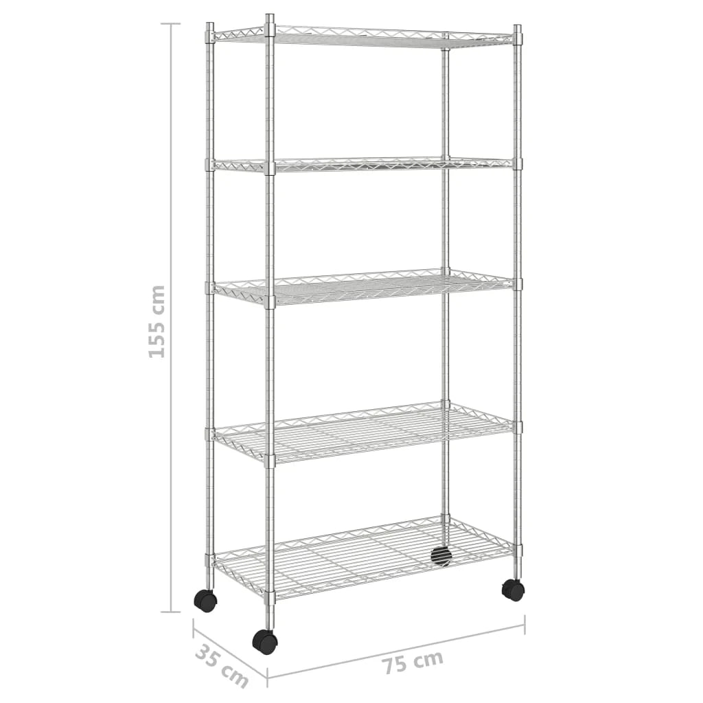 Scaffale portaoggetti a 5 ripiani con ruote 75 x 35 x 155 cm cromato 250 kg argento 02_0045701