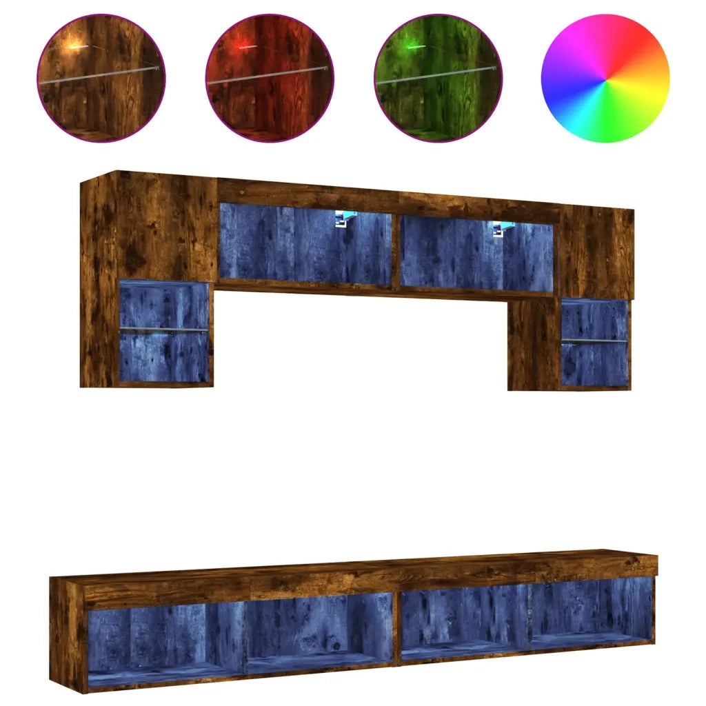 Mobili TV a Muro con LED 6pz Rovere Fumo in Legno Multistrato 3216708