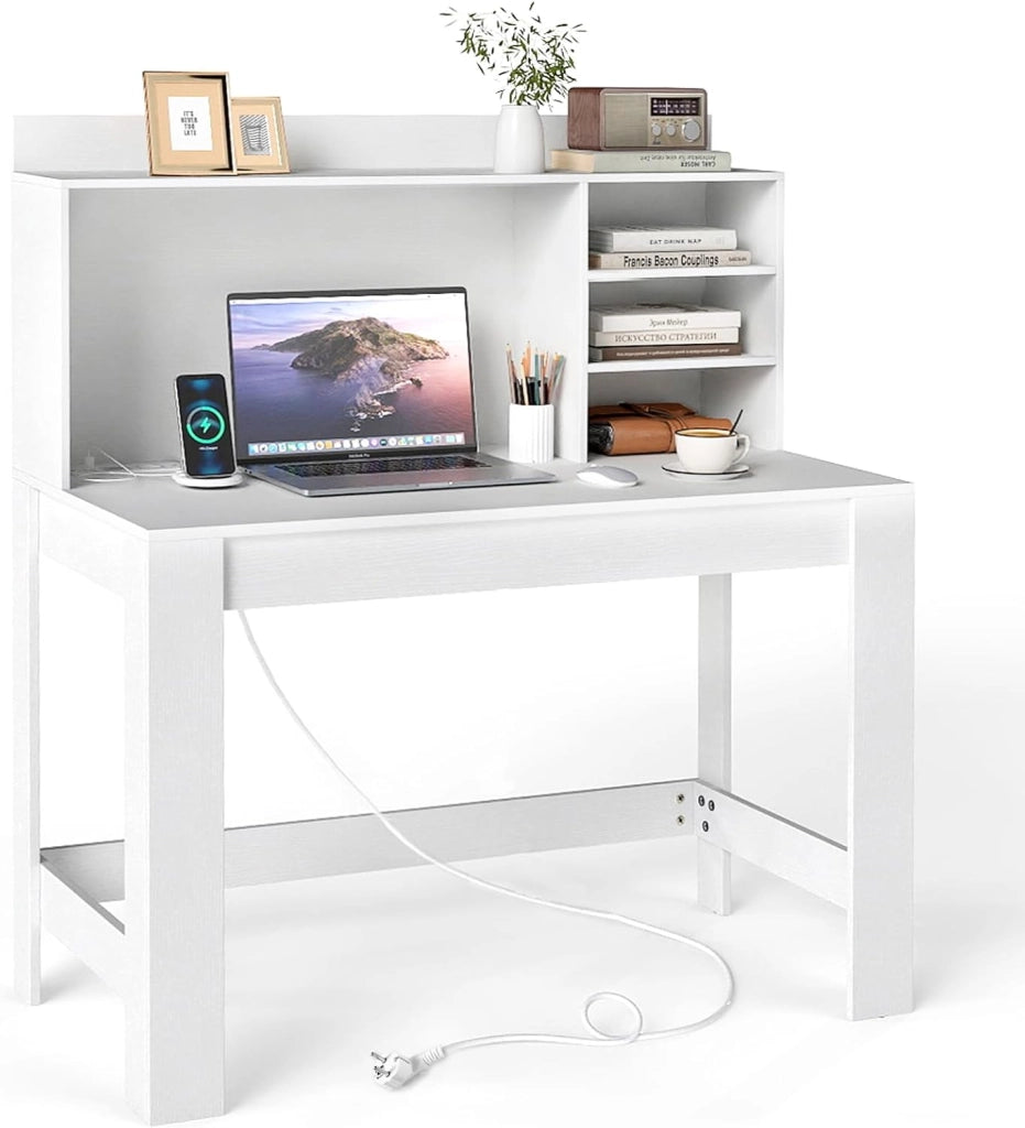 Scrivania per Computer con Libreria, Scrivania Salvaspazio in Legno con Stazione di Ricarica e Foro per Cavi, Scrittoio Moderno per Ufficio, Soggiorno e Studio, 108 x 60 x 125 cm (Bianco)