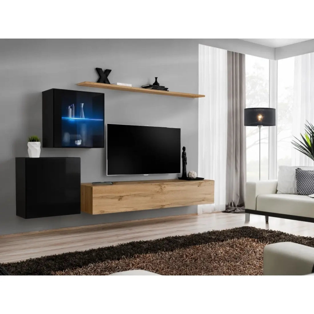 Mobile da soggiorno da parete SWITCH XV design, colore rovere Wotan e nero lucido.