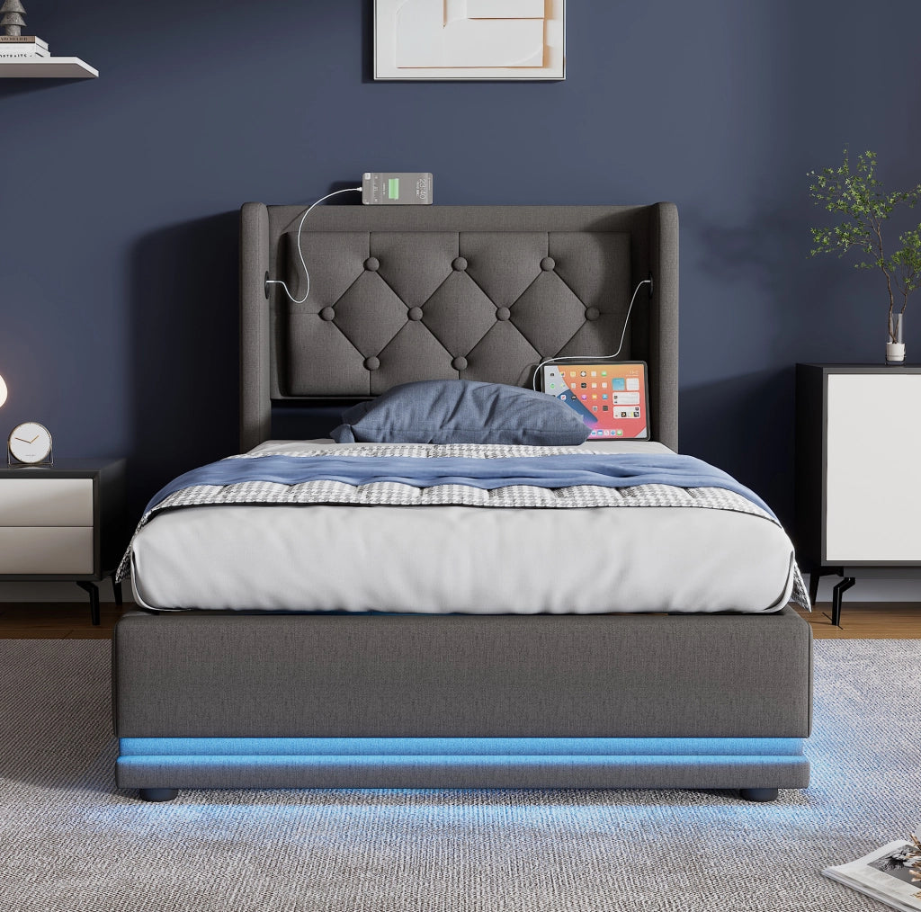 Letto 90x200 cm con contenitore idraulico, LED e USB/USB-C in cotone grigio