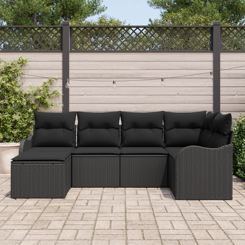 Set di divani da giardino 6 pezzi con cuscini in polyrattan nero