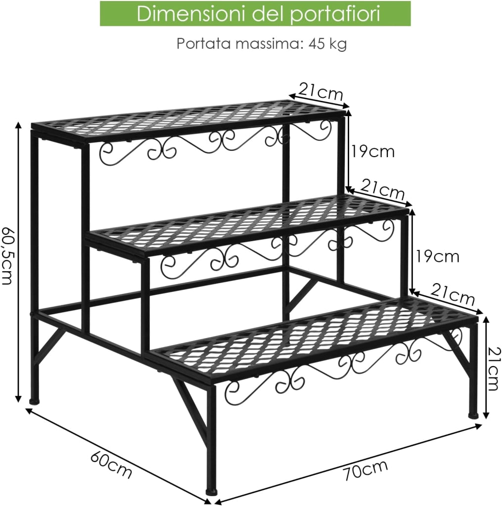 Scaffale Portafiori a 3 Ripiani, Porta Piante da Esterno e Interno a Scala, Scaffale Porta Vasi di Metallo per Balcone, Soggiorno e Giardino