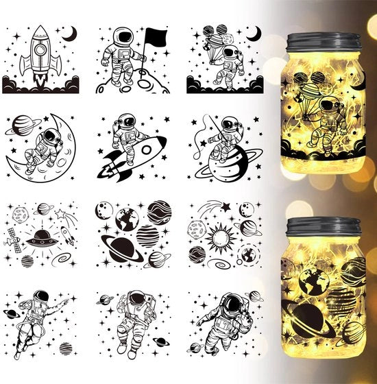 12 pezzi di Sticker Astronauta Silhouette, Universo Pianeti Silhouette Sticker per Parete, Sticker per Lampada, Sticker per Vetro, Decorazioni, Arte per Parete, Decorazione per la Casa