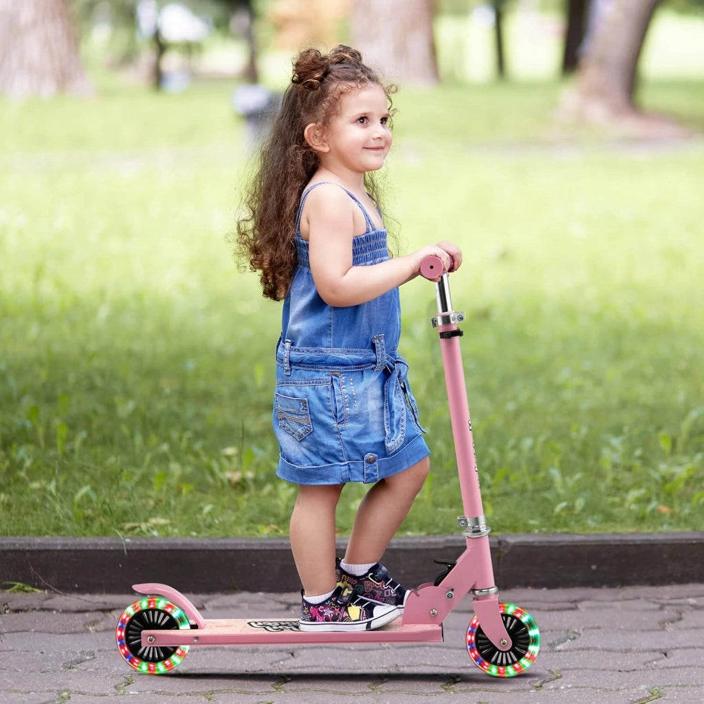 Monopattino Bambini, Monopattino Bambino e Bambina +3 Anni Pieghevole con 2 Ruote Lampeggianti, Manubrio Regolabile e Freno (Rosa)