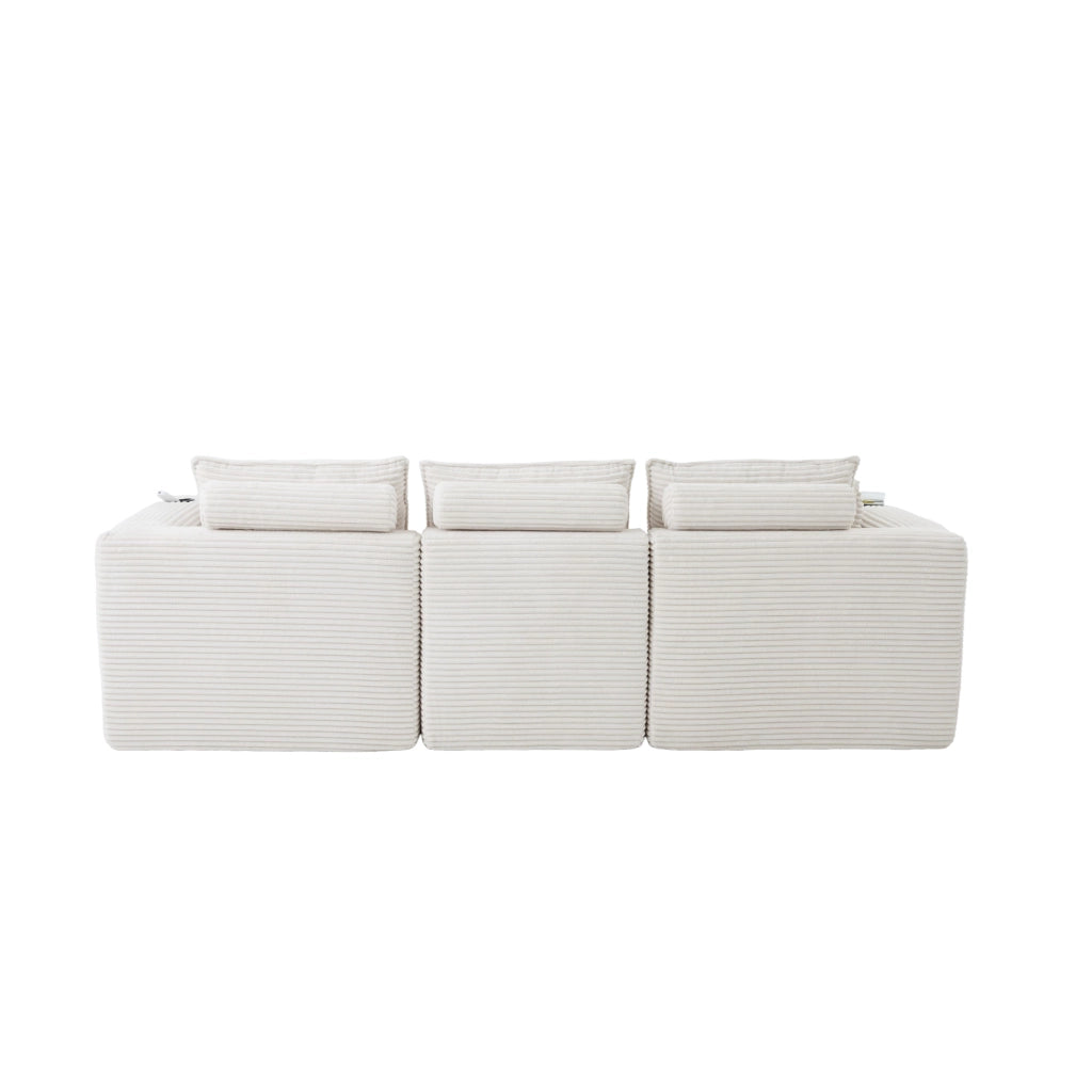 Divano modulare 3 posti con cuscini e tasche laterali in corduroy beige per salotto e ricevimento 256 × 161 × 75 cm