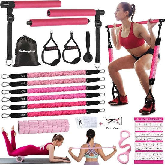 Cinturini di allenamento, set di 6 cinghie di resistenza per Pilates, 20/30/40 lbs o 10,9 kg, cinghie di resistenza regolabili e rimovibili, barra per Pilates, maniglie, anello per la porta