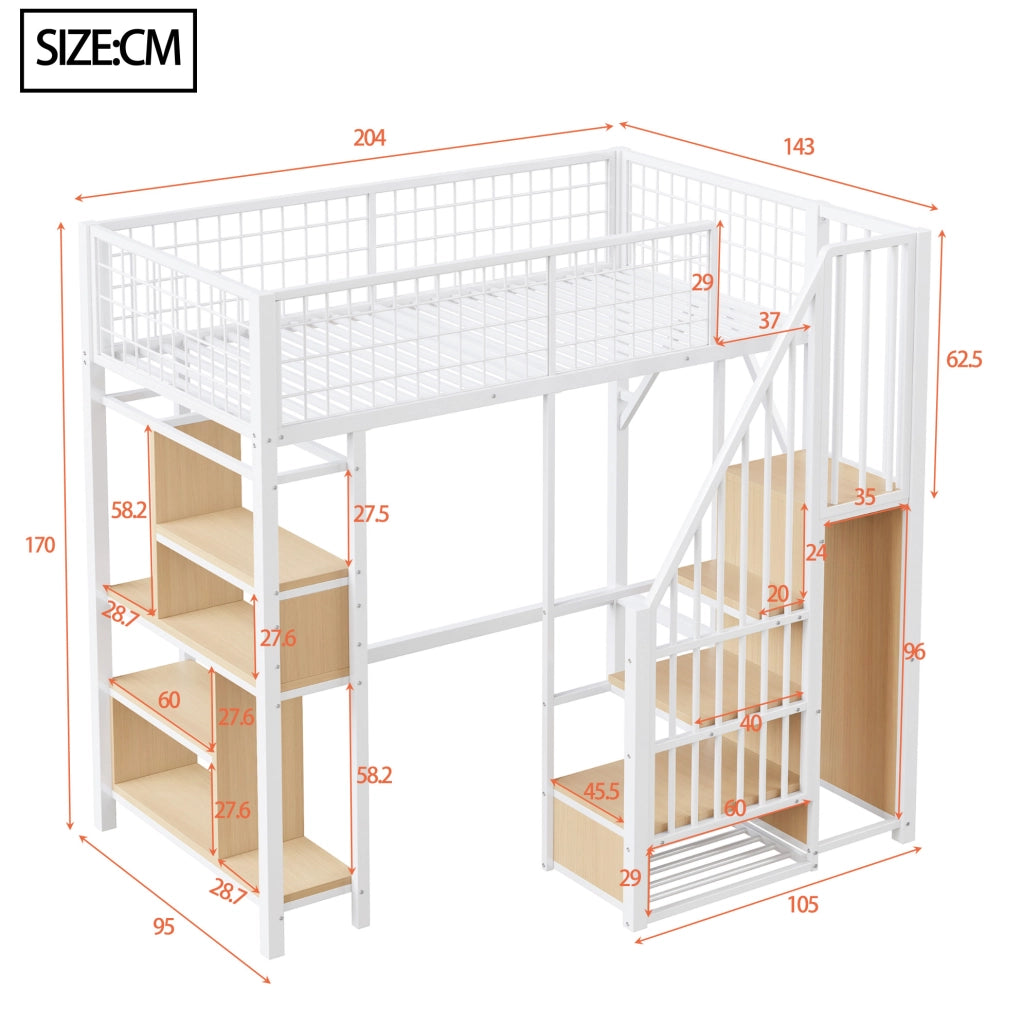 Letto a soppalco 90x200 cm in metallo con scala contenitore; bianco